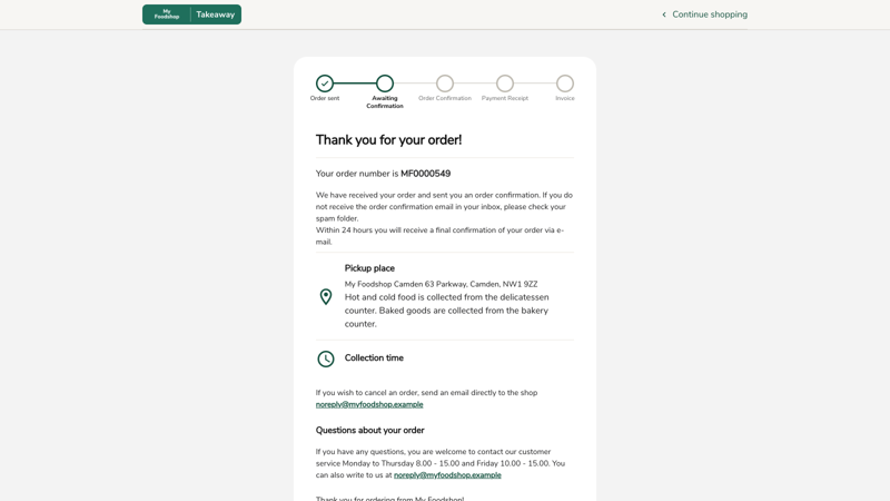Bevestigingspagina van de bestelling met statuslijn en afhaalinformatie