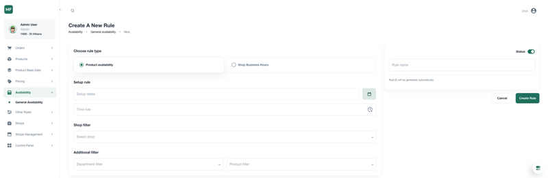 Modal for opprettelse av regler som viser datovelger, butikkfilter og produktfilter